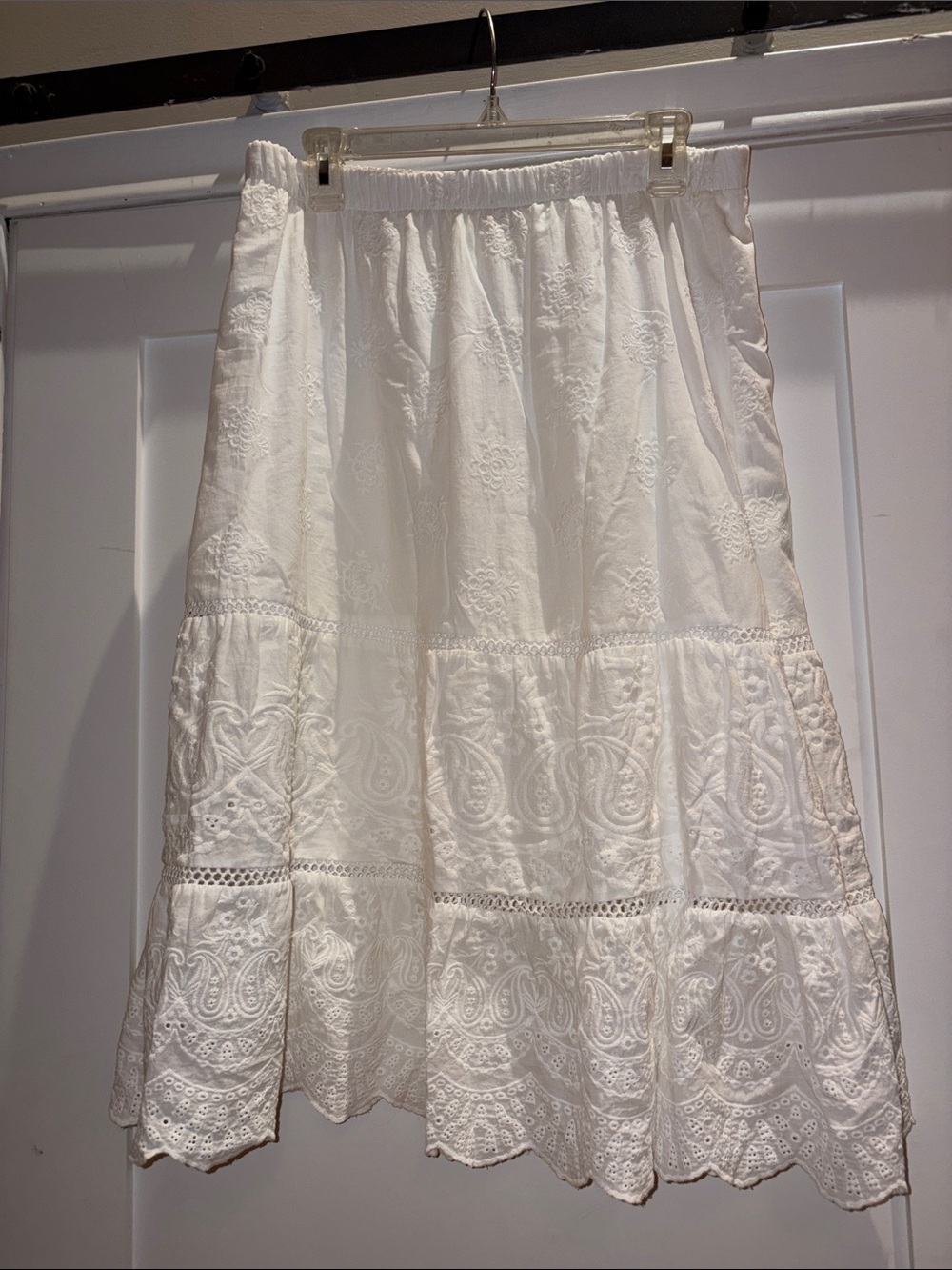 Adiva White Embroidered Tiered Midi Skirt